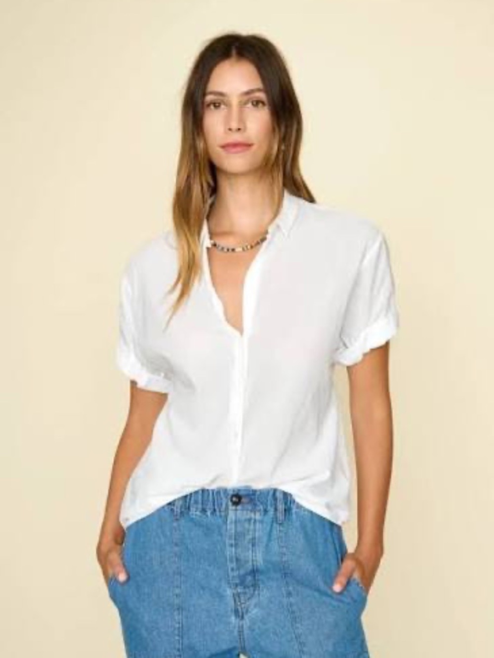 XiRENA Channing white button-down short-sleeve shirt with cuff sleeves